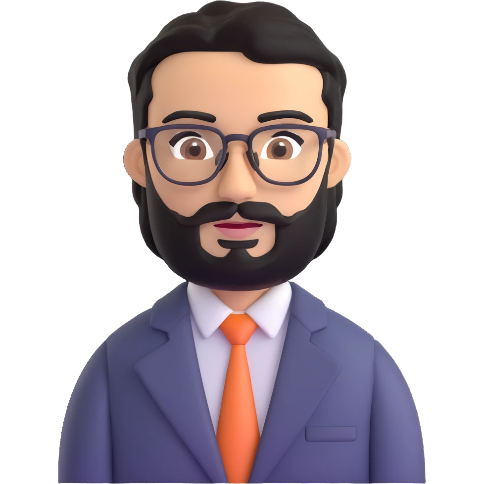 man with medium black beard, black hair, connected unibrow, olive tan skin, brown eyes, glasses, wearing a professional business suit emoji