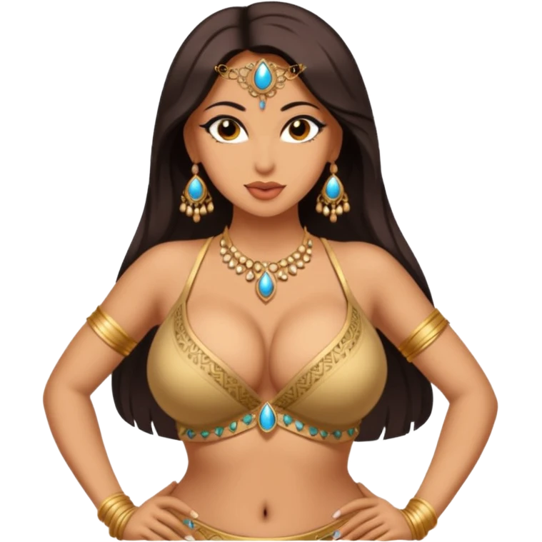 naked bellydancer with very massive naked breasts, giant cleavage, no bra, no top, topless, skin coloured top emoji
