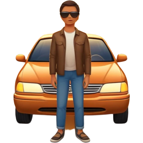 A person stands outside of a parked car on the side of a long, open road. They’re facing forward, gazing at a glowing sunset in the distance. The road stretches far ahead, symbolizing possibilities and new directions.  emoji