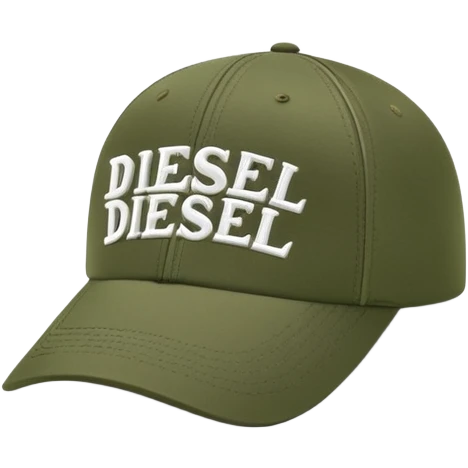 Dark olive green Diesel baseball cap, white script Diesel lettering with logo underneath, standalone hat without person emoji