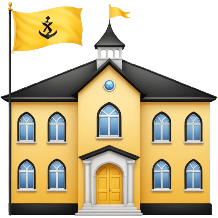 white background, magic school, black roof, with a big flag, big flag on a roof, big yellow flag, white school emoji