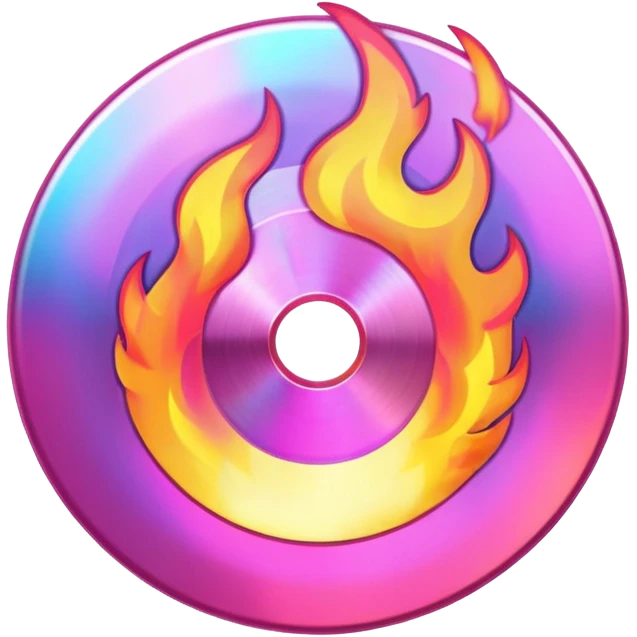 A CD disc with a fiery design, pink fire emoji