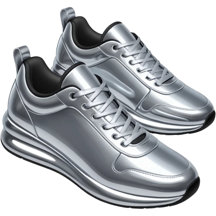 A pair of futuristic sneakers emoji made of silver chrome, sleek streetwear design, smooth metallic panels, subtle reflections, luxury swag aesthetic, iOS emoji style, centered, clean white background emoji
