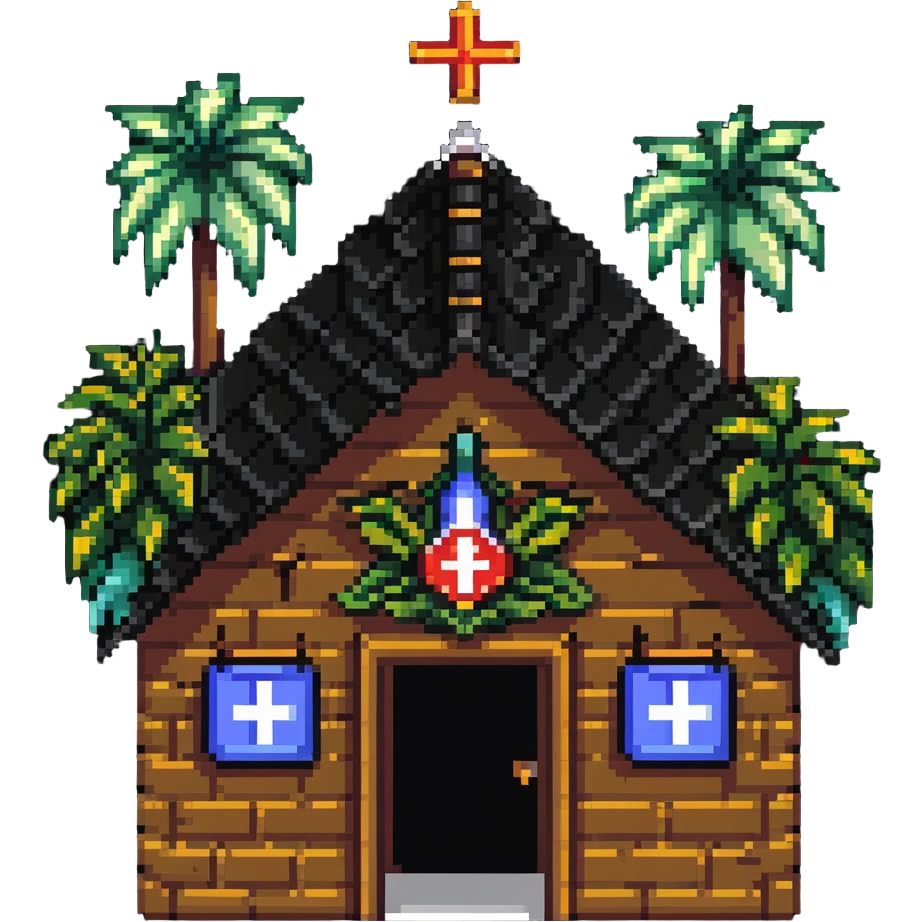 Thai hospital with traditional ornate roof, medical symbol, tropical plants emoji
