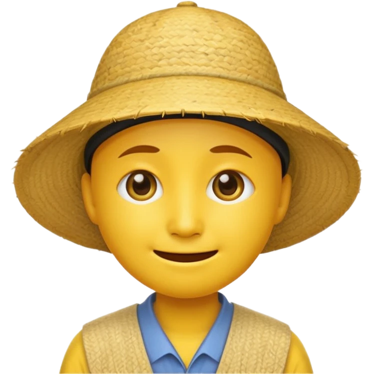 Yellow emoji smiley face with stereotypical Chinese facial features and rice farmer hat. Eyes very narrow emoji