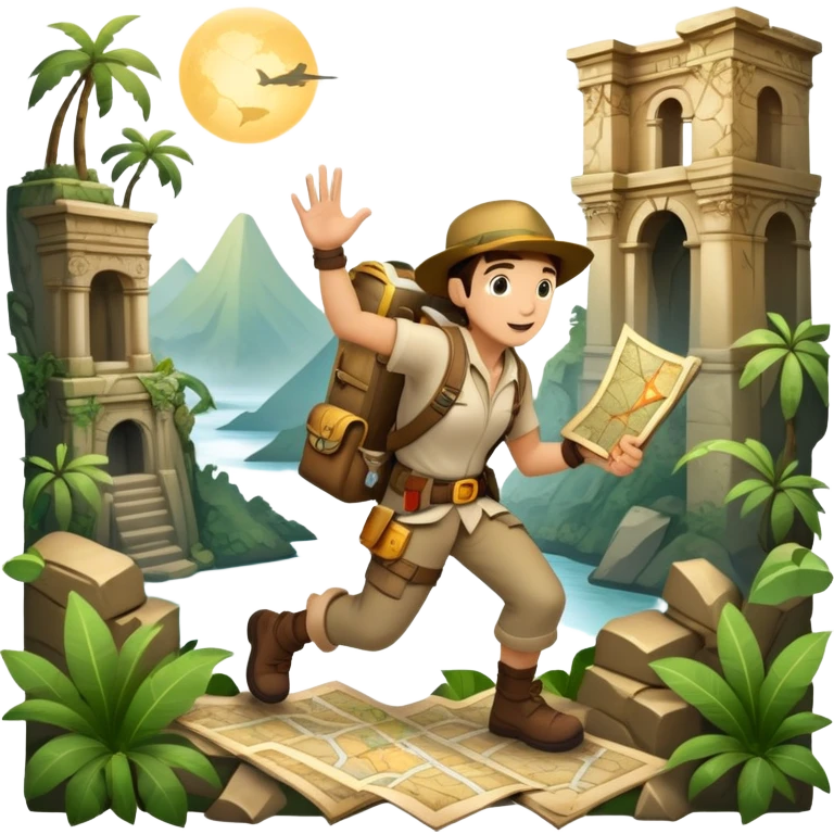An icon featuring an adventurer in a dynamic action pose, with treasure maps, ancient ruins, and jungle landscapes in the background. The design includes clues, hidden passages, and climbing gear, symbolizing the thrill of exploration and discovery. Transparent background. emoji