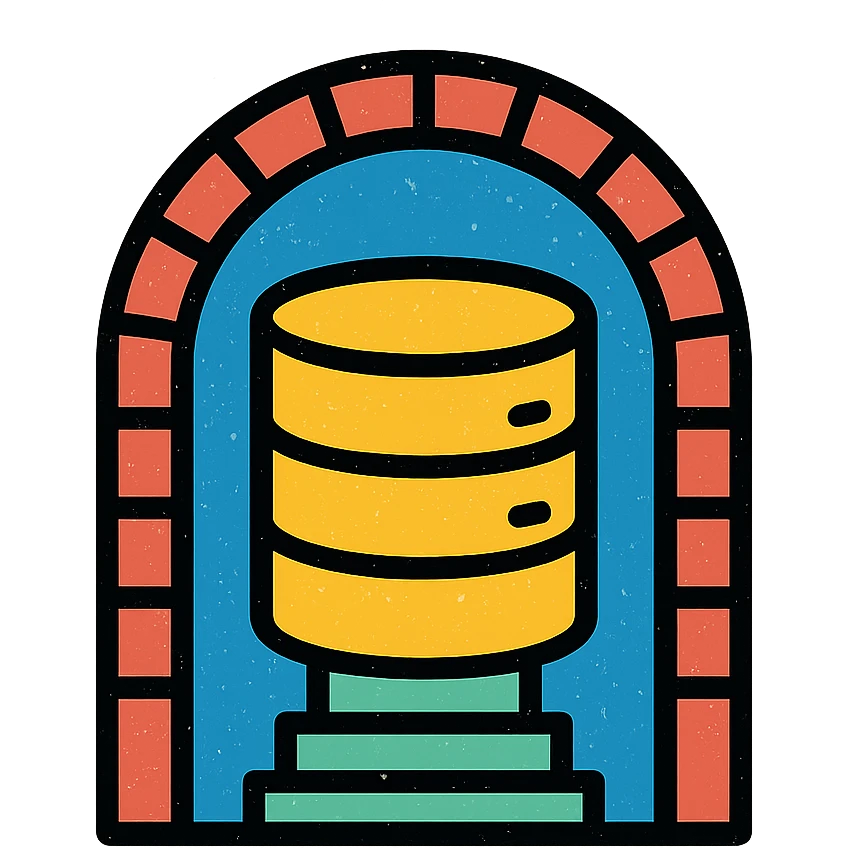 minimalist icon of a database cylinder (disk) in a basement or underground setting with simple stairs, arch, or brickwork, worn distressed effect emoji