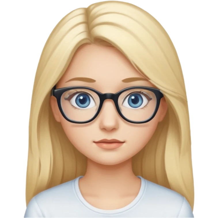 Fille 20ans qui a des cheveux long et blond  avec des lunettes et des yeux bleu- gris avec du mascara sur les yeux et un haut blanc emoji