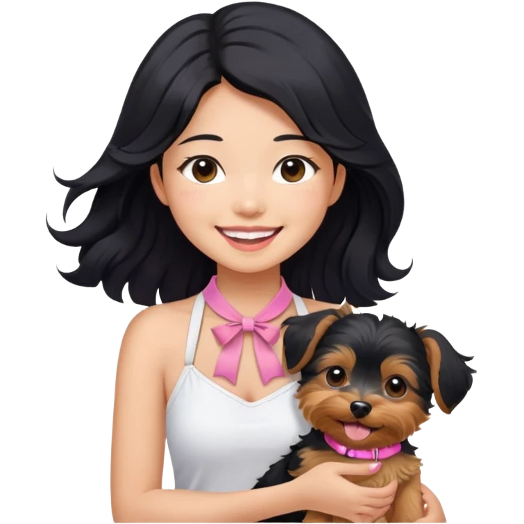 Pretty Asian girl with long, luscious wavy black hair, no hair tie, wearing a cute sleeveless white halter top, smiling warmly while carrying a Yorkshire Terrier with a pink collar in her arms. Remove the bow in the girl's neck emoji
