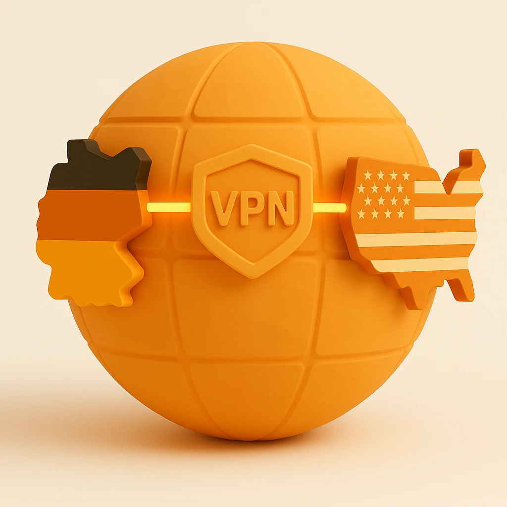 Make the VPN connection line between Germany and USA glow with an orange color scheme on a playful 3D globe with realistic shading and depth. emoji