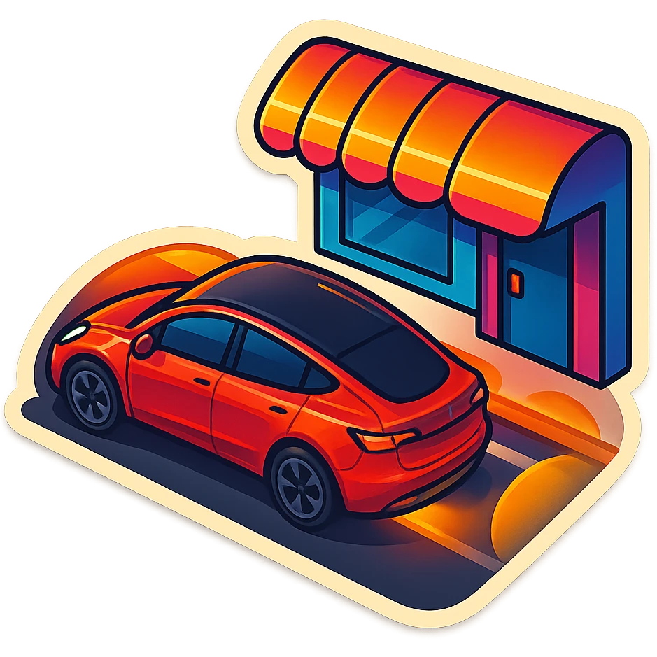 A Tesla Model Y parallel parking in front of a store, from above emoji