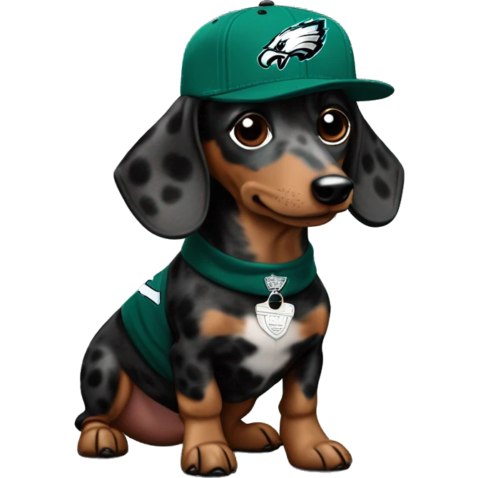 Miniature Tri Merle Dark Spotted Dachshund wearing Philadelphia Eagles Hat with C on Jersey emoji