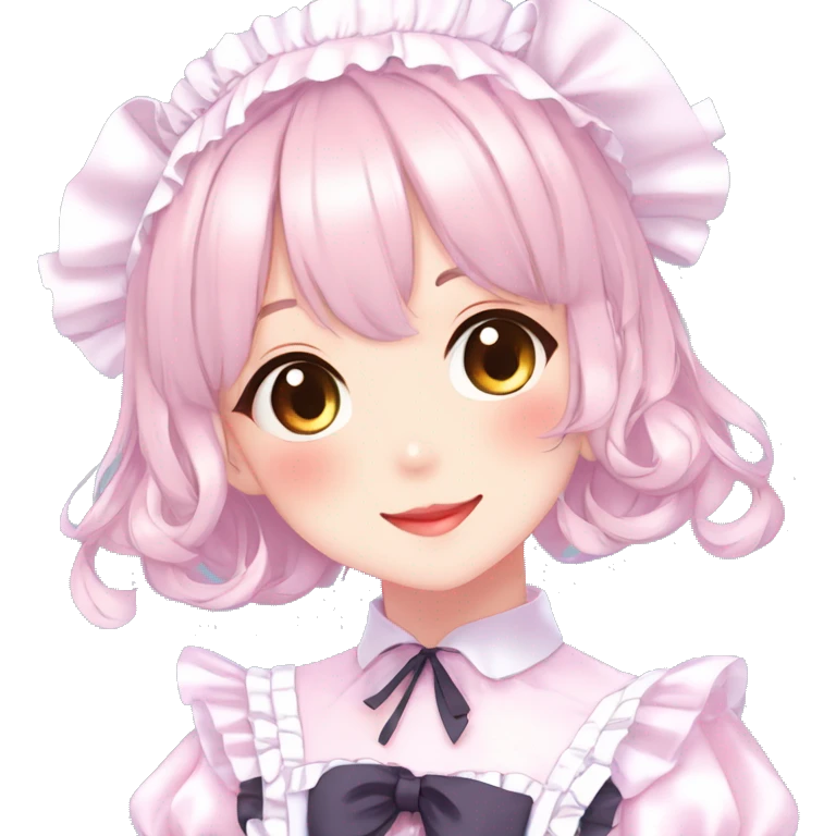 Gorgeous anime style girl blushing face maid outfit Lolita idol model colorful shiny sparkle kawaii pastelcore cottagecore pearly petite simplistic aesthetic trending style emoji