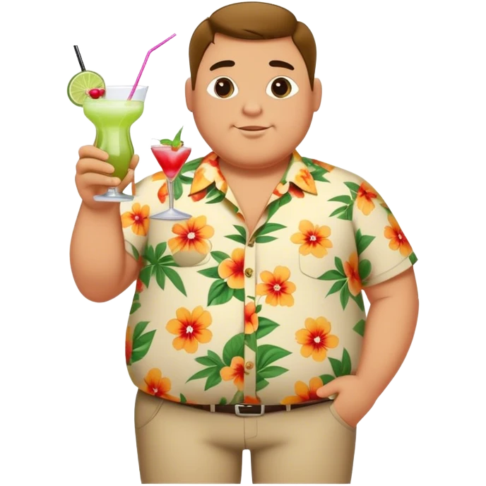 chubby guy full figure in a flowered shirt holding a cocktail emoji