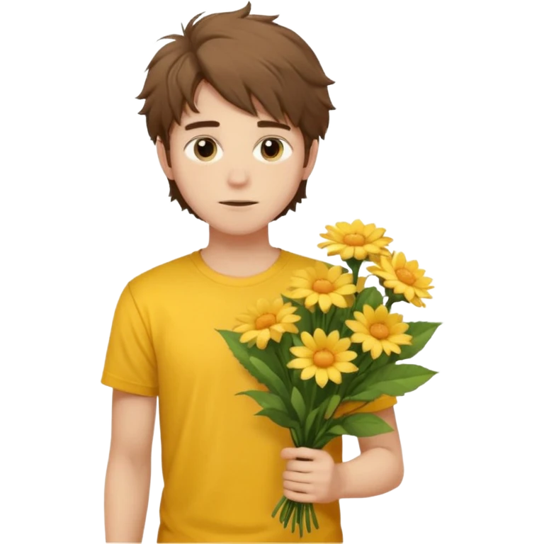 generate an ios genmoji of a 20 year old fair boy with brown long and messy hair with stubble on cheeks. should look like he cant grow a mustache., carrying a flower bouquet, wearing a yellow tshirt, looking shy emoji