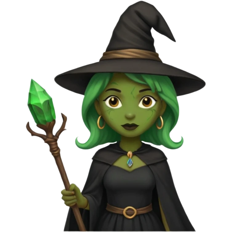 ведьма-африканка с зеленой кожей, без украшений в черном платье и черной ведьминской шляпе с посохом emoji