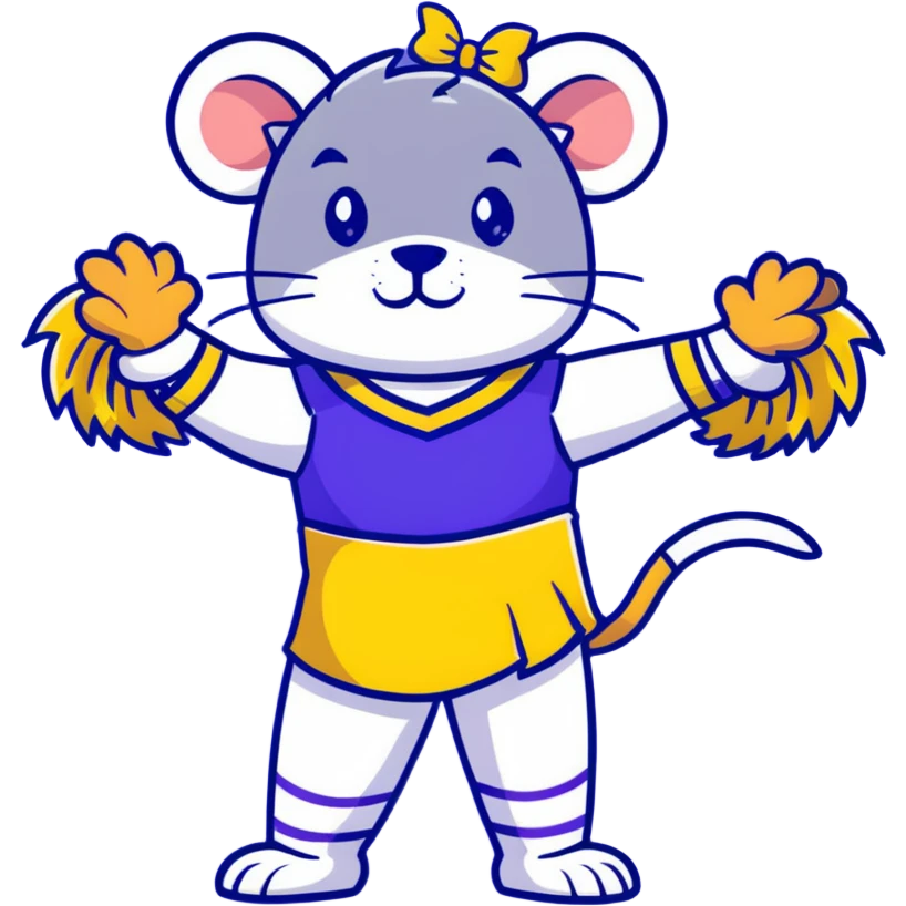 female rat cheerleader with blue bow, blue and gold uniform, Vikings team colors emoji