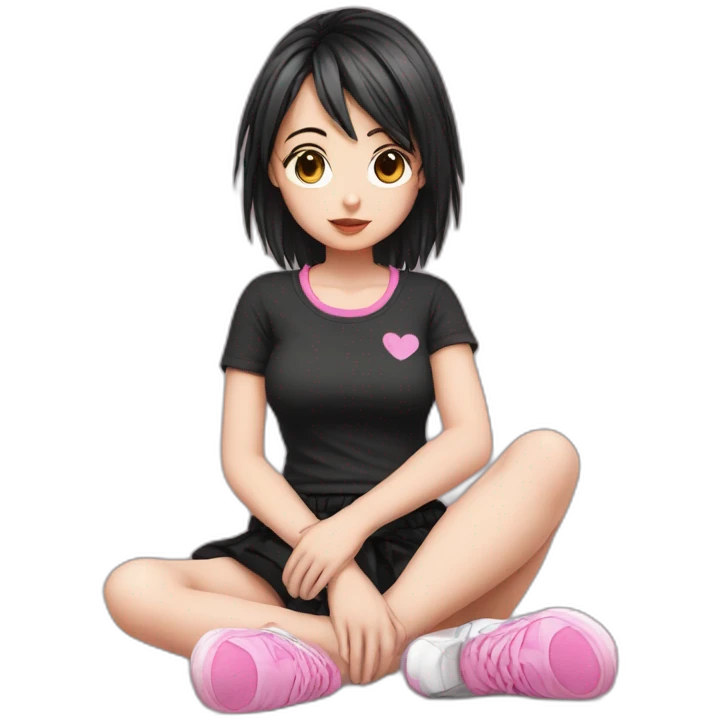 full body Front view emo girl sits on the floor black skirt pink knickers emoji