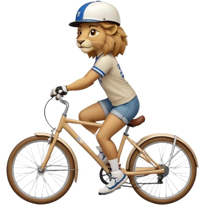 confident anthropomorphised female lion wearing a baseball shirt, jeans, trainers, and a cycling helmet, riding a bicycle emoji