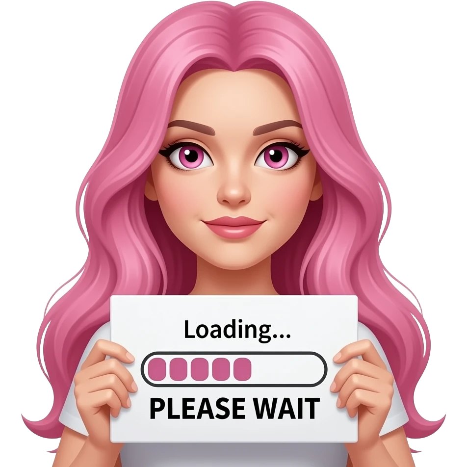 sexy girl with long pink hair and pink eyes holding a SARCASTIC comment loading... PLEASE WAIT sign emoji
