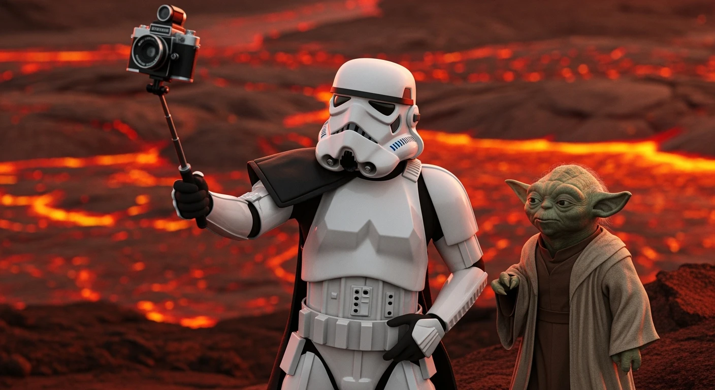 Starwars stormtroopers vlogging selfie, he is walking on lava planet with yoda emoji