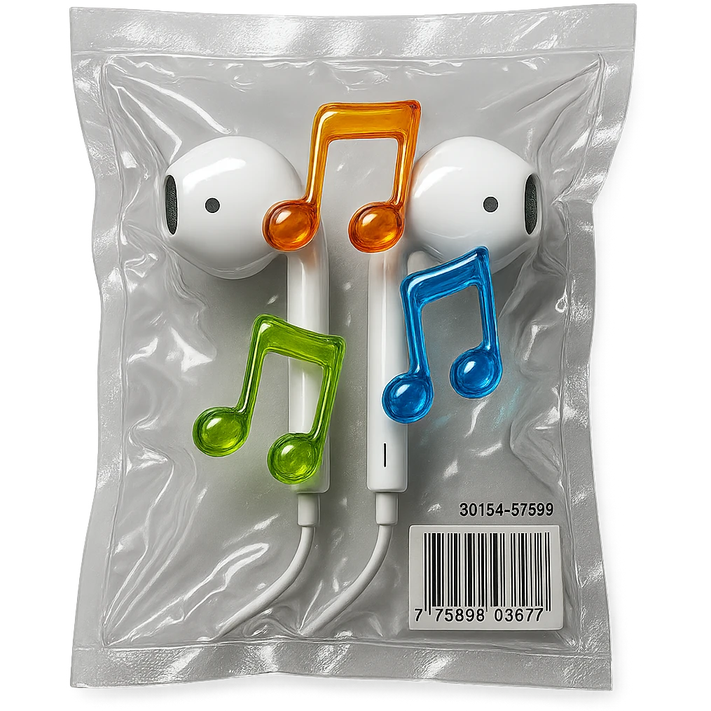 pair of white EarPods with exactly three floating multicolored glassy music notes, shiny and inflated emoji