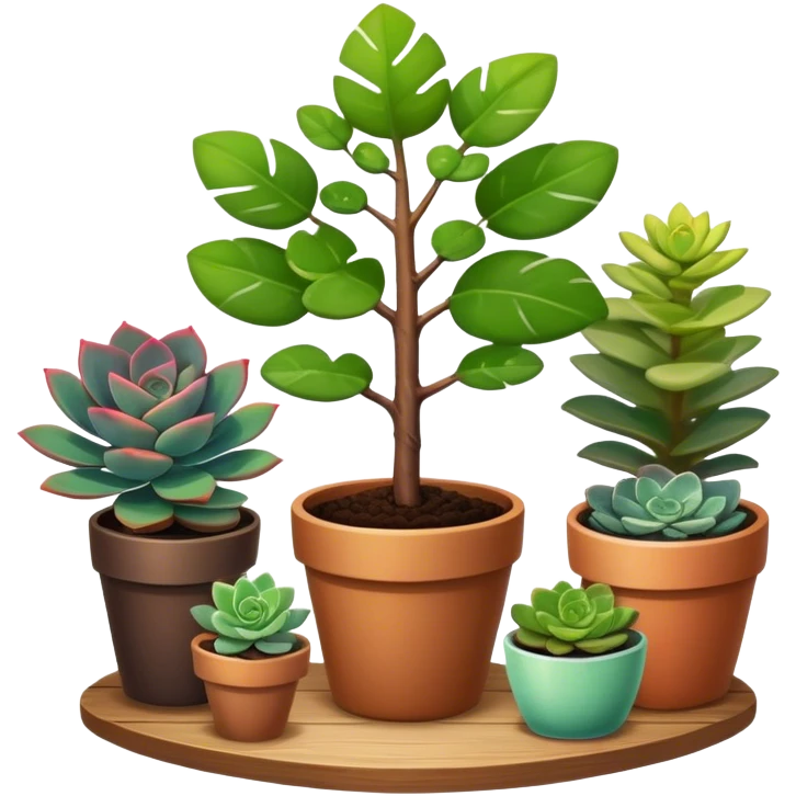 Close-up of a potted sapling being nurtured in rich soil, surrounded by vibrant plants and succulents. Sunlight filters through the window, casting soft shadows. Cozy indoor garden with gardening tools placed neatly on a wooden table. emoji