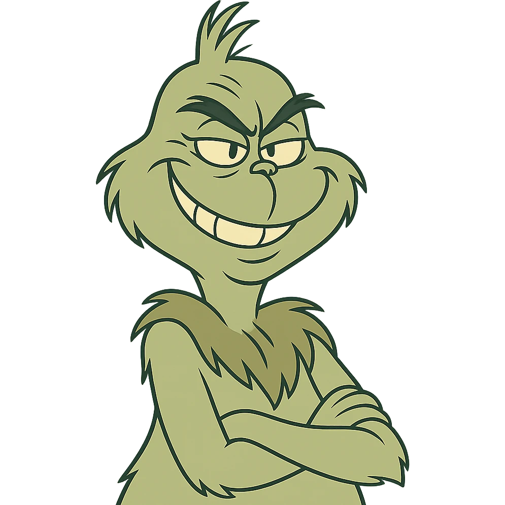 the Grinch, mischievous and furry, with a sly grin, cartoon style emoji