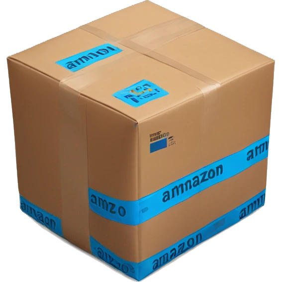 a brown package taped with blue and black tape, with the amazon prime logo on the side  emoji