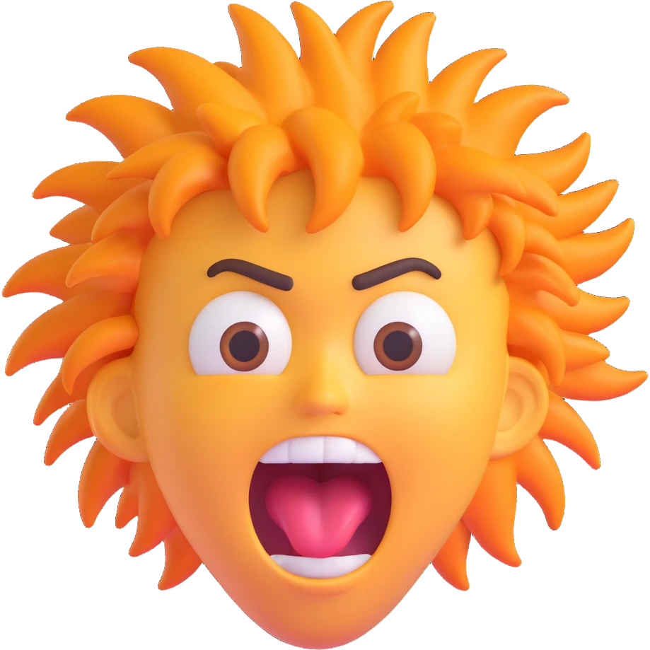 emoji with wild crazy hair, tired baggy eyes, mouth wide open in a scream, expressive exaggerated emotion emoji