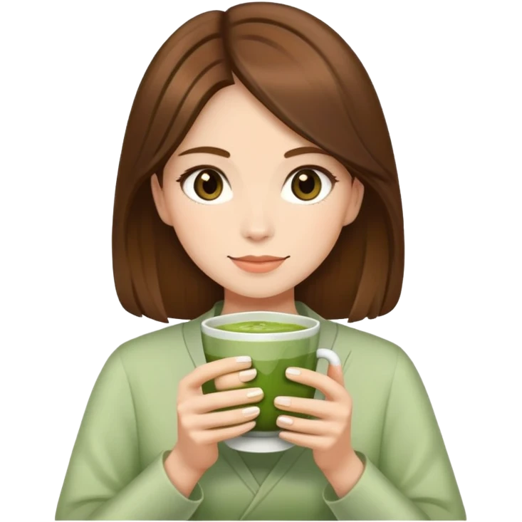 Woman with brown hair holding a cup of matcha emoji