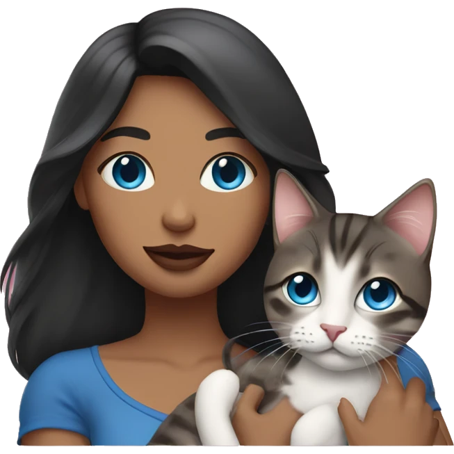 Woman with dark long hair, pink lips and blue eyes holding a tabby cat  emoji