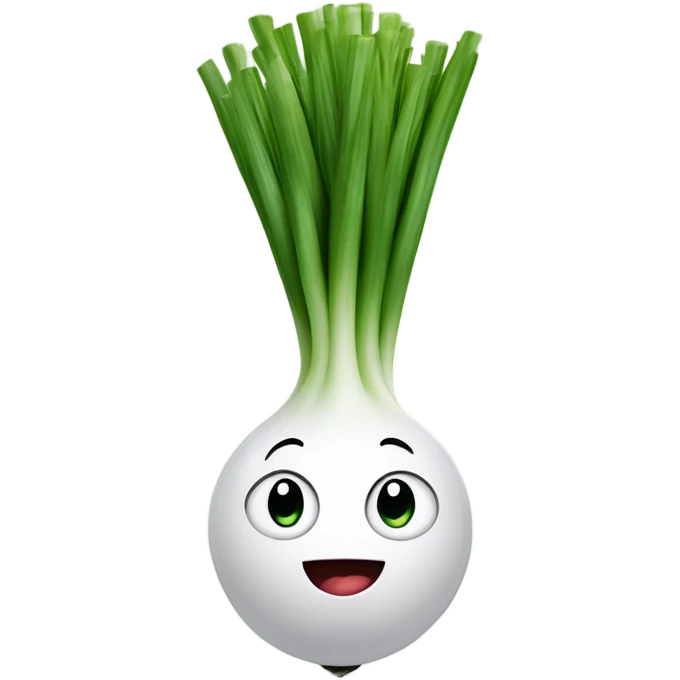Smiling green onion with a bundle of long, thin green stalks as hair, big expressive eyes, and a cheerful cartoonish face on the white bulb section. Vibrant and playful design. emoji