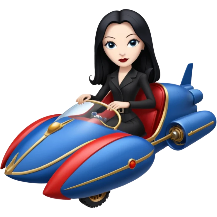 Ultra Jetson’s Jedi teen Morticia Addams flying a red and blue Zephyr-J Jumpspeeder anti-gravity repulsorlift powered by an imperial speeder steampunk hypercar  emoji