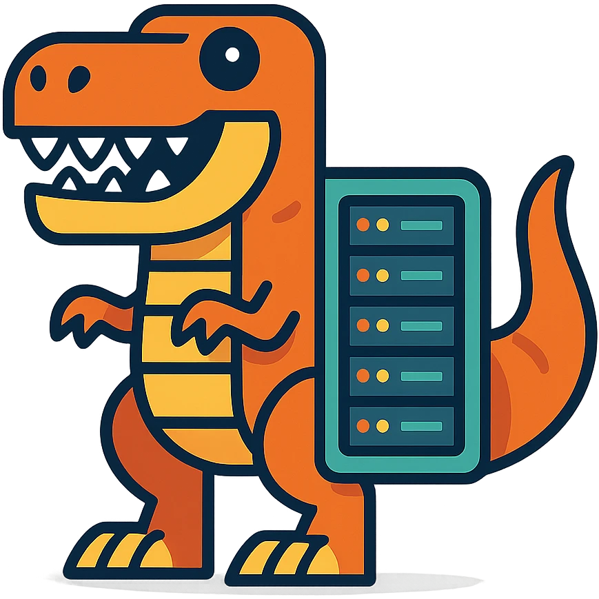 cartoon style T-Rex dinosaur merged with a server rack emoji