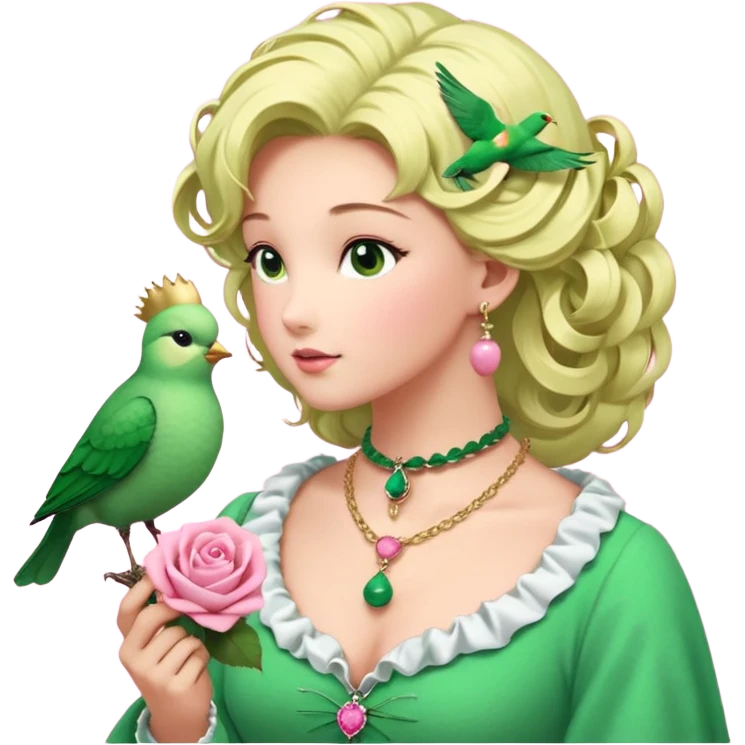 un oiseau classique vert avec un collier avec des breloque argentées et un poil blond qui fait une petite bouclette sur le front et à côté un oiseau rose avec le même collier mais en doré et un cheveu marron et les deux se regardent emoji