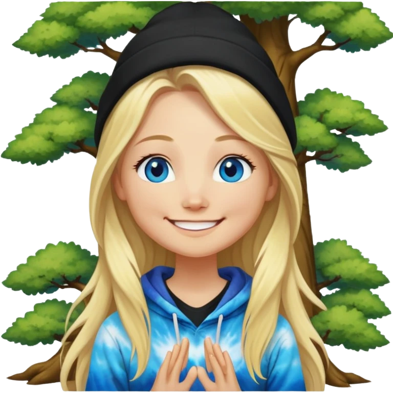 long haired blonde white woman wearing a black beanie and  with blue eyes and a big smile meditating next to a tree tie dye hoodie  emoji