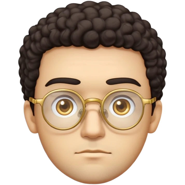 Man with square face, thick straight eyebrows, short curly dark hair, light facial scruff, serious neutral expression, wearing large square golden glasses emoji