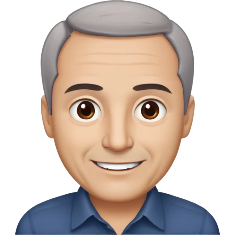 Famous Puerto Rican actor René Monclova with round face, wide jaw, light complexion. Expressive brown eyes, thick eyebrows. Short gray hair with visible receding hairline. Friendly smile. Wearing a dark formal shirt. emoji