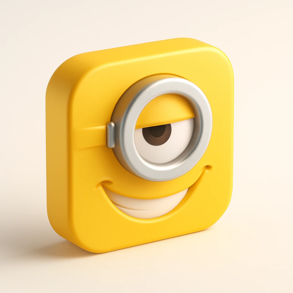 minion face, one eye, mischievous grin, silver goggle, yellow background emoji