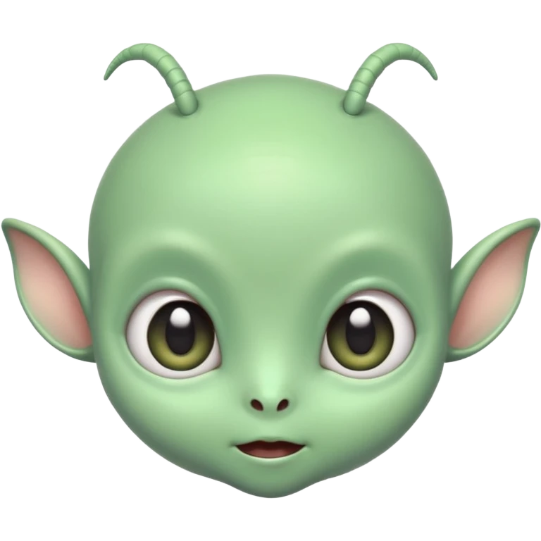 ortrait of a cute alien with round head, big shiny eyes, pastel green skin, small antennae, friendly expression, cartoon style emoji