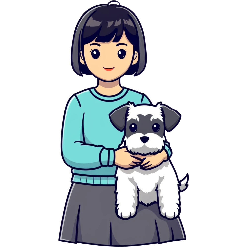 Girl with short black hair and bangs holding a white schnauzer dog emoji