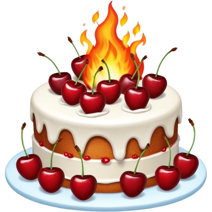CAKE on fire, and fire behind it as well. cherries on the cake emoji