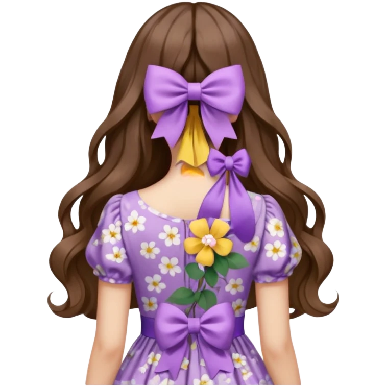 long wavy brown hair from behind with a medium lilac bow emoji
