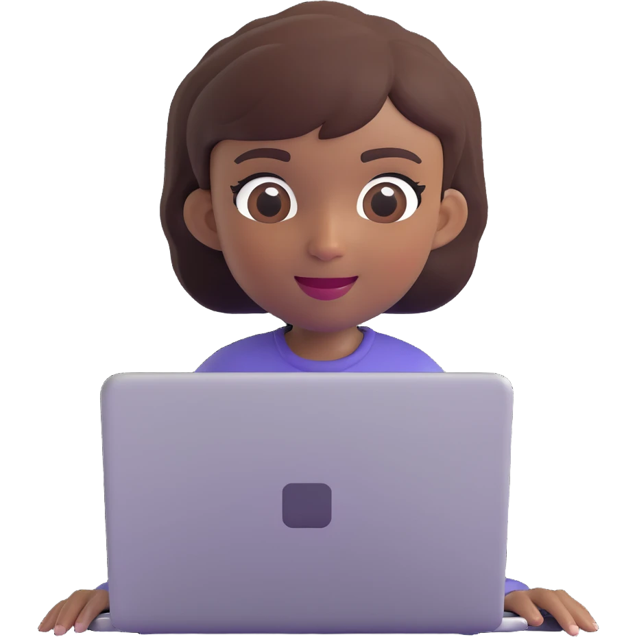 memoji of a short-haired girl with dark complexion, white features, using a laptop, cheerful expression emoji