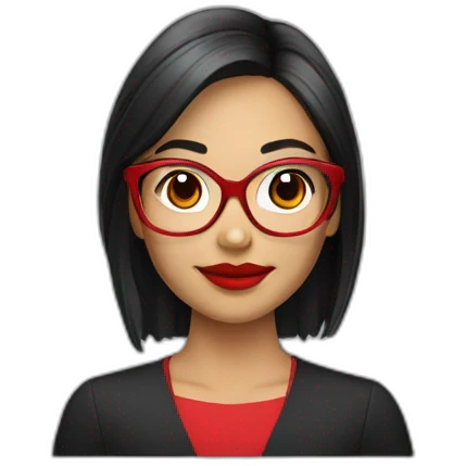 Young woman asiatic teacher, black square hairs, red glasses, red lipstick, red dress, black eyes emoji