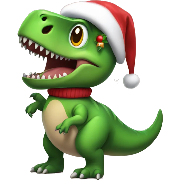 T. rex wearing a Christmas sweater and Santa hat emoji