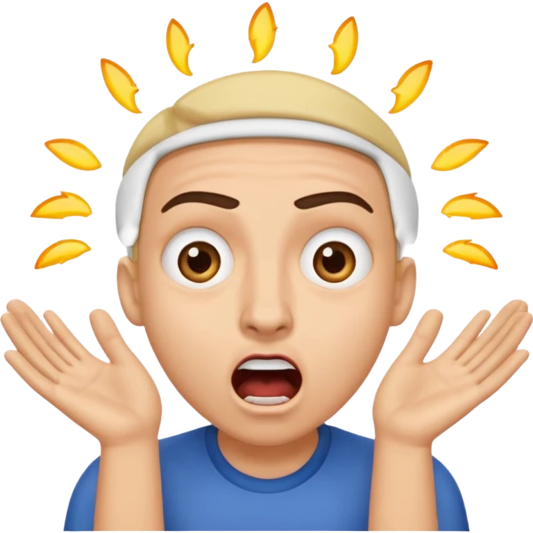 a shocked face, with their mouth and eyes are wide open, eyebrows  raised, and palms against his cheeks. emoji