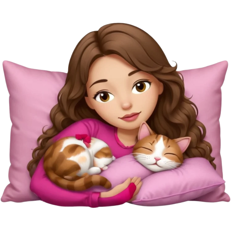 girl with long wavy brown hair, brown eyes, long lashes makeup, sexy pink lips, light to medium complexion,  sleeping on a cozy pillow, with brown tabby cat, sleeping emoji