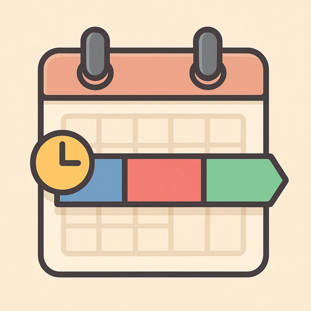 Overlay the private equity transaction timeline icon on a simple flat calendar icon. The calendar should be minimal and clean, with a clear timeline bar chart visible on top. No text, keep the style flat and simple. emoji